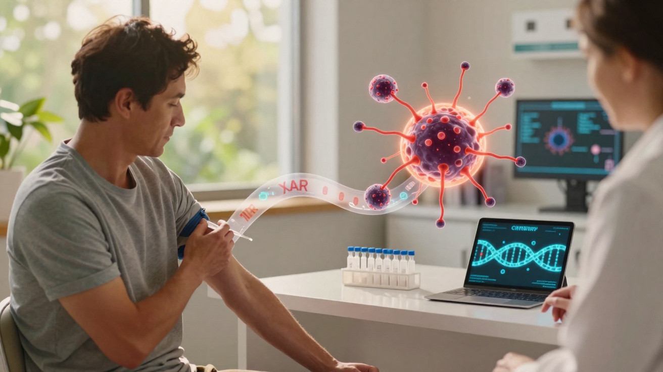 Homem recebendo vacina contra vírus em consultório, com imagens digitais de DNA e vírus.