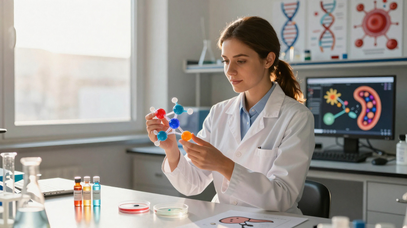 Mulher cientista em jaleco branco analisando modelo molecular em laboratório com tubos de ensaio e computador.