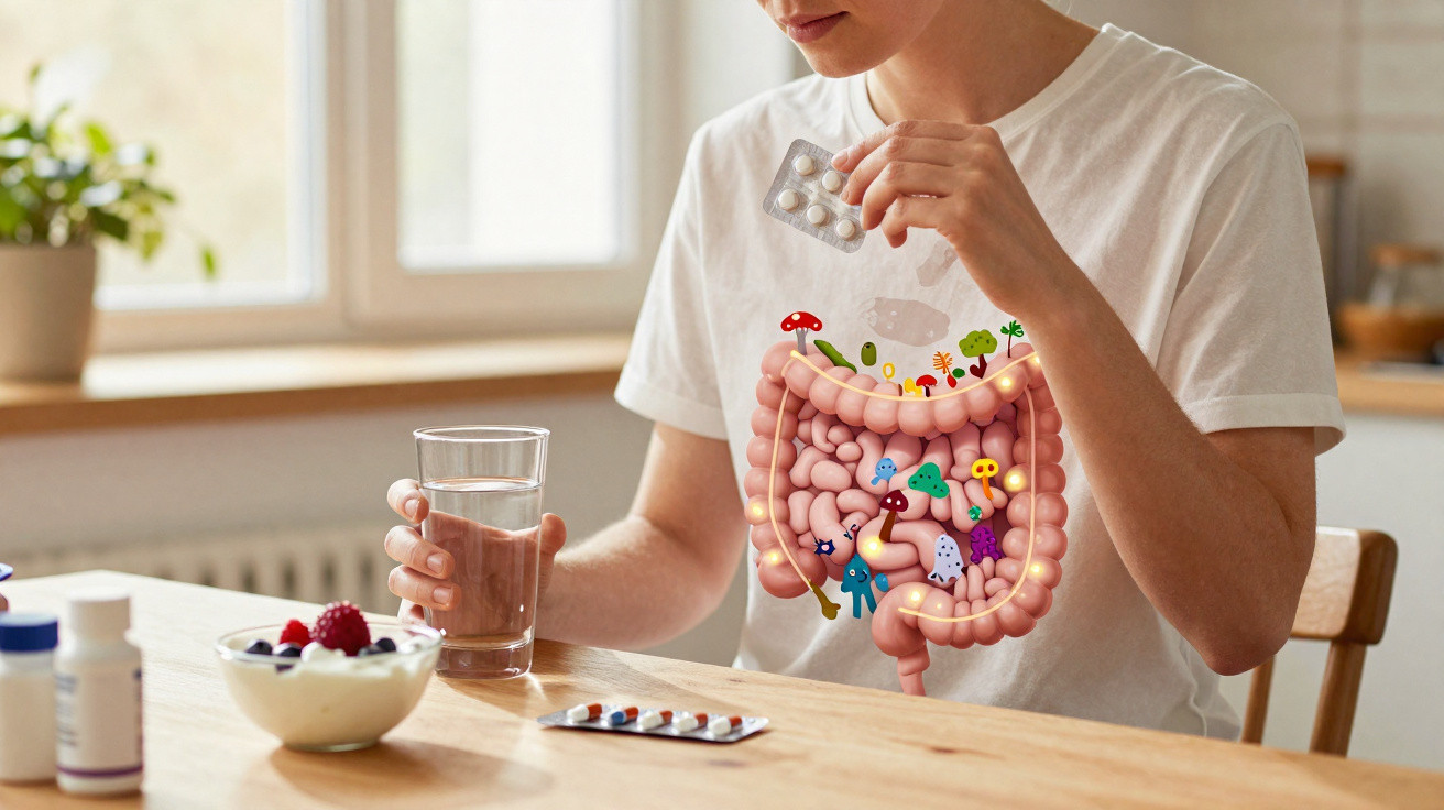 Pessoa segurando remédio e copo d'água, com ilustração colorida do intestino e micro-organismos na camiseta.
