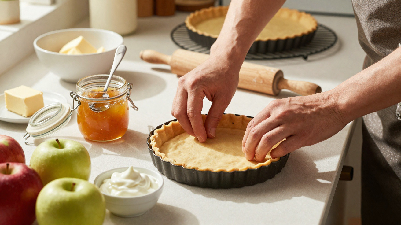 Pessoa moldando massa em forma de torta com ingredientes como maçãs, manteiga e geleia sobre balcão.