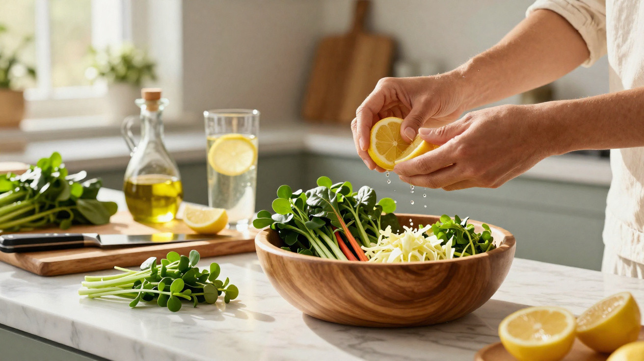 Pessoa espremendo limão sobre salada verde em tigela de madeira em bancada de cozinha clara.