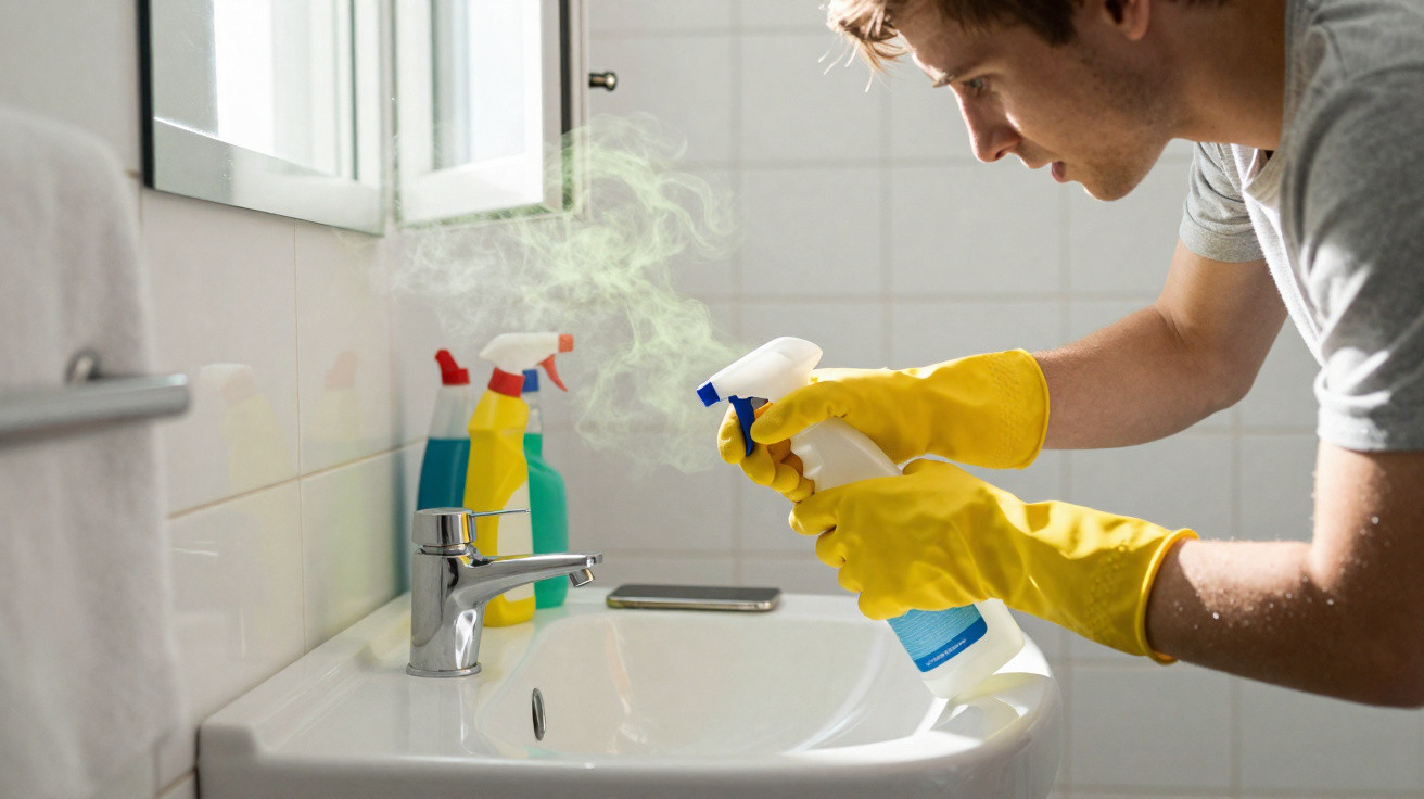 Homem com luvas amarelas limpando pia branca de banheiro com spray e vapor visível.