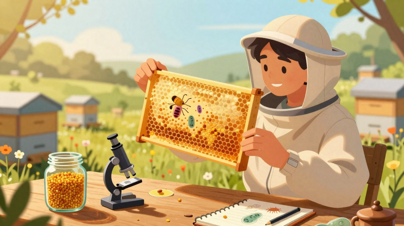Ilustração de pessoa com roupa de apicultor examinando favo de mel em ambiente ao ar livre.