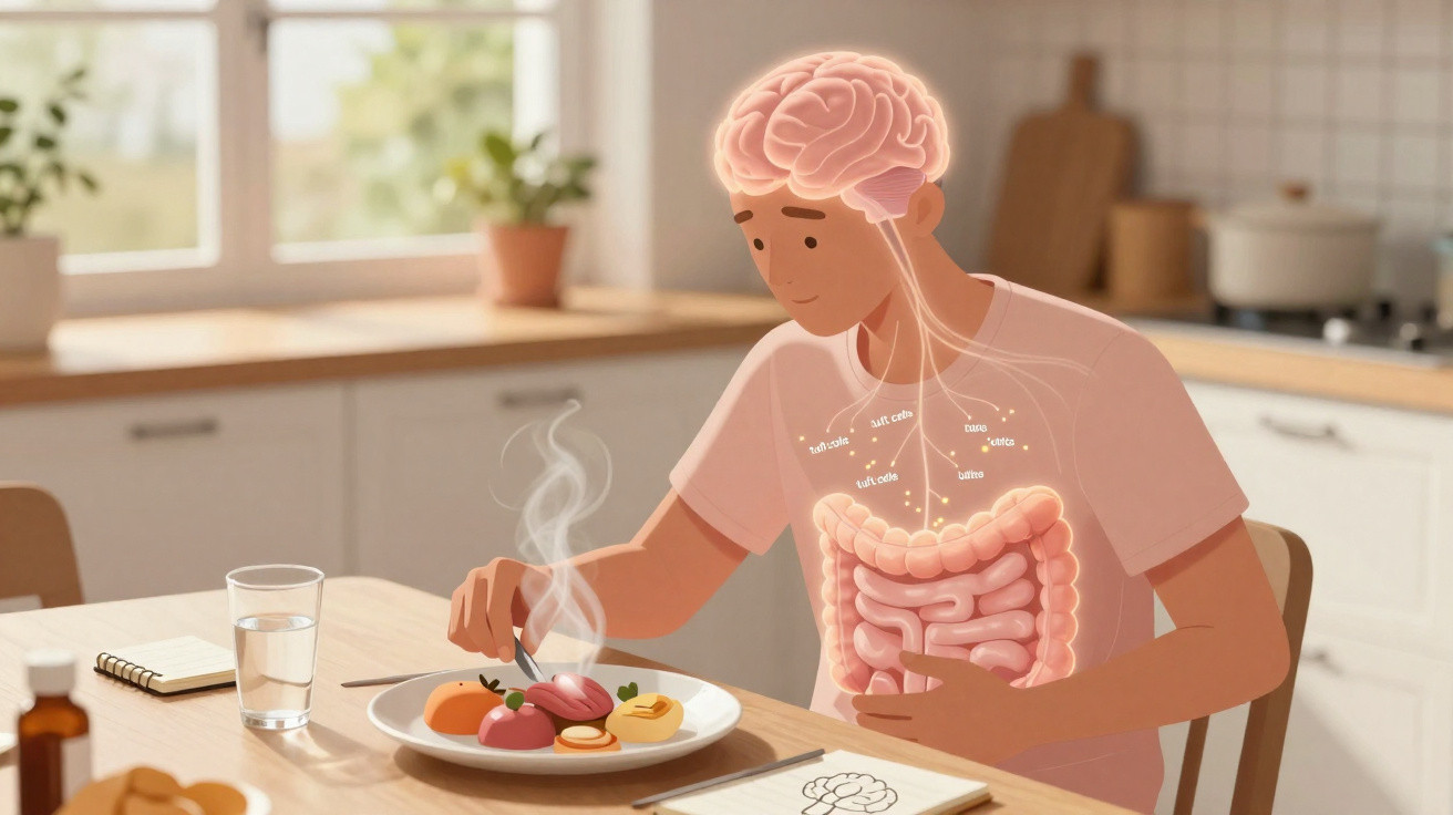 Pessoa com ilustrações do cérebro e intestinos visíveis comendo comida saudável à mesa na cozinha.