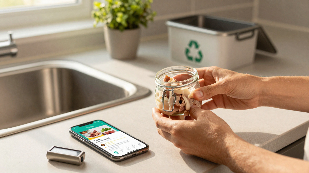 Pessoa segurando pote de vidro com restos de comida ao lado de smartphone e caixa de reciclagem.