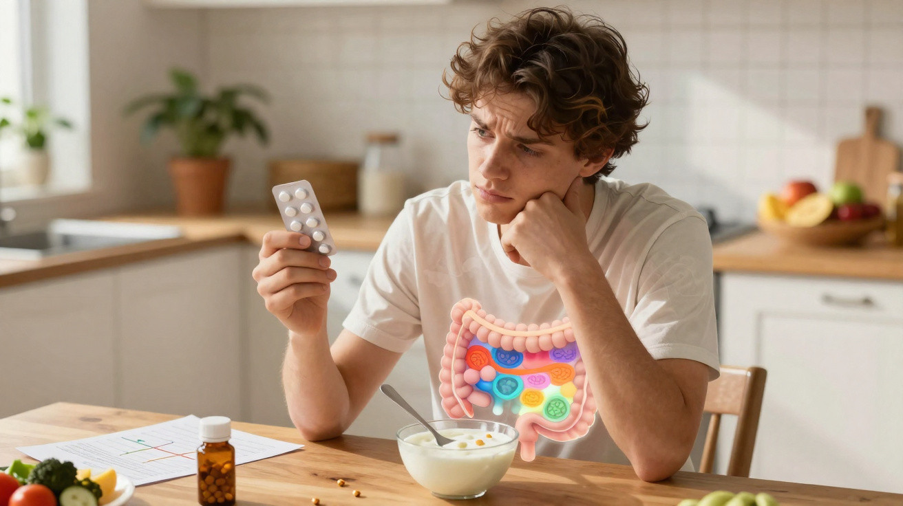 Jovem com expressão preocupada segurando remédios, sentado à mesa com iogurte e frutas, ilustração do intestino.