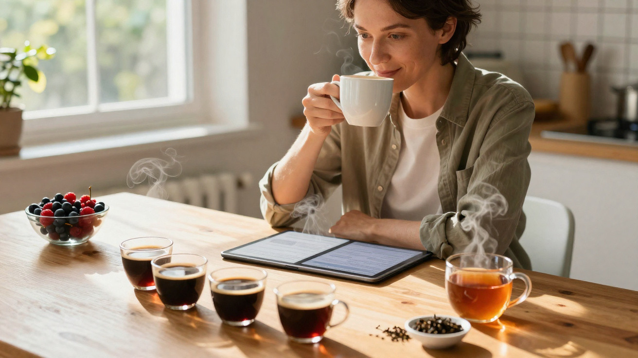 Pessoa lendo em tablet e degustando diferentes xícaras de café quente à mesa de madeira clara.