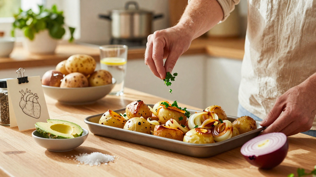 Pessoa temperando batatas assadas com cebola e salsa em uma travessa na cozinha.
