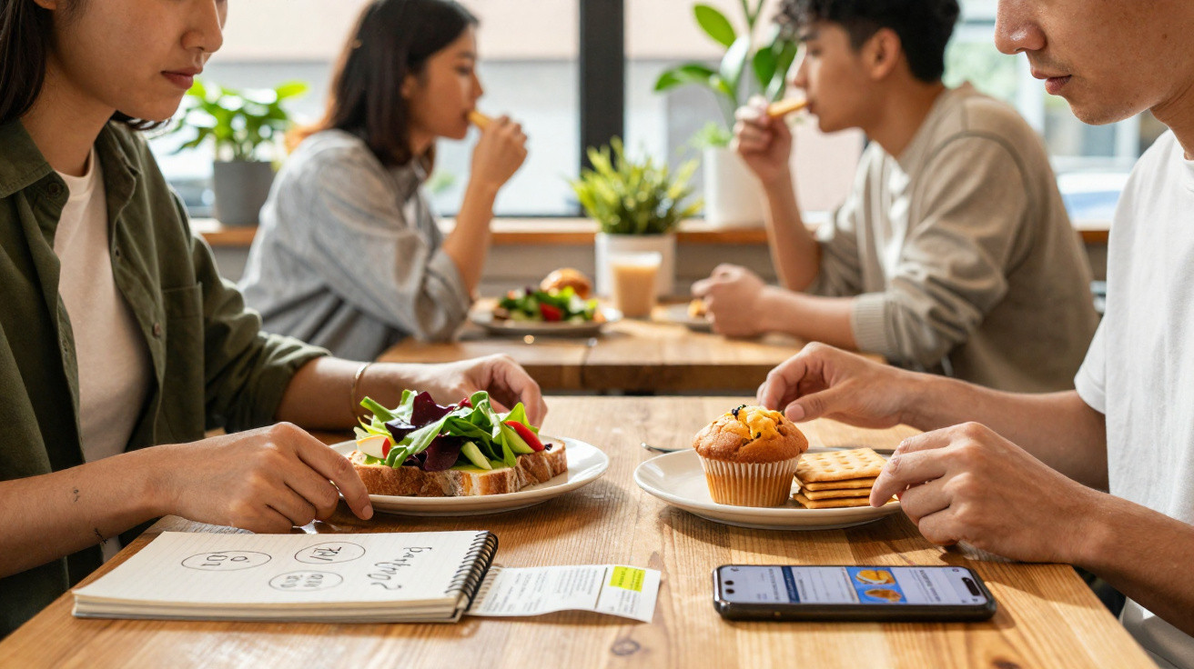 Quatro pessoas comendo lanches em uma mesa de madeira próxima a uma janela com plantas decorativas.