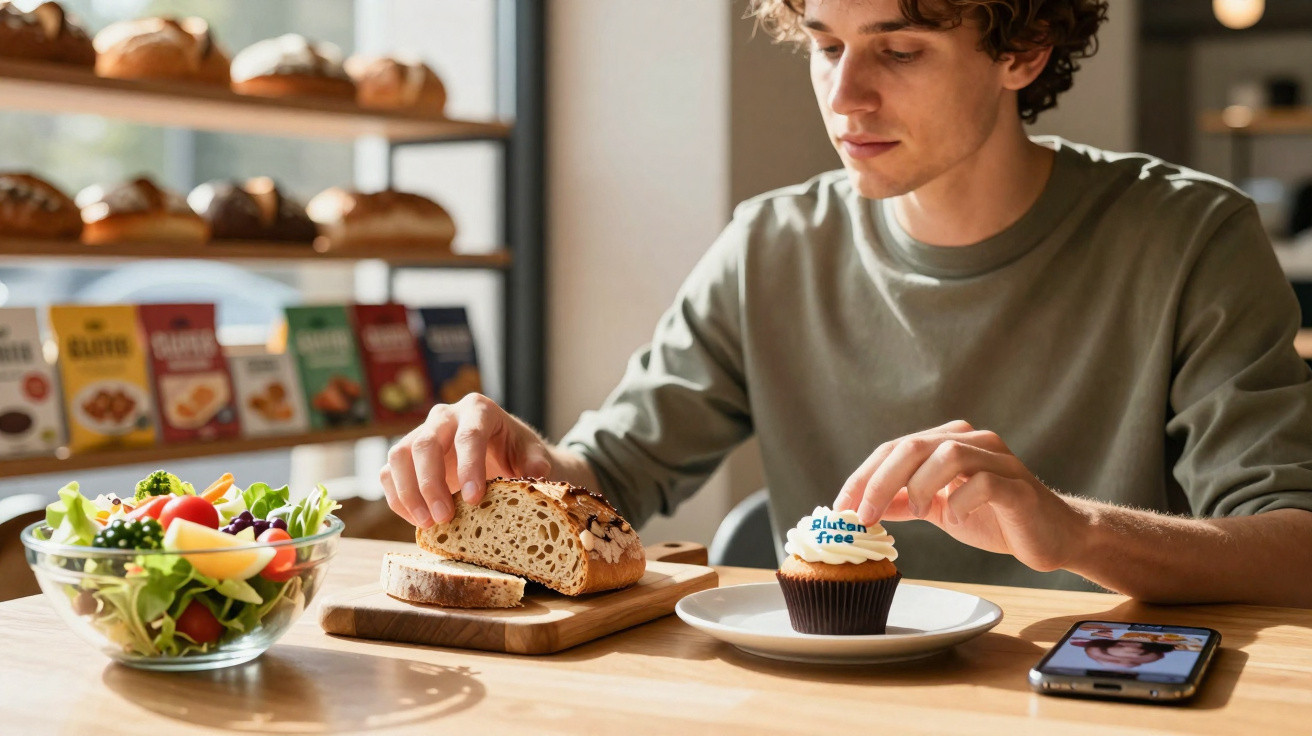 Homem sentado à mesa com pão, salada e cupcake sem glúten, ao lado de celular ligado.