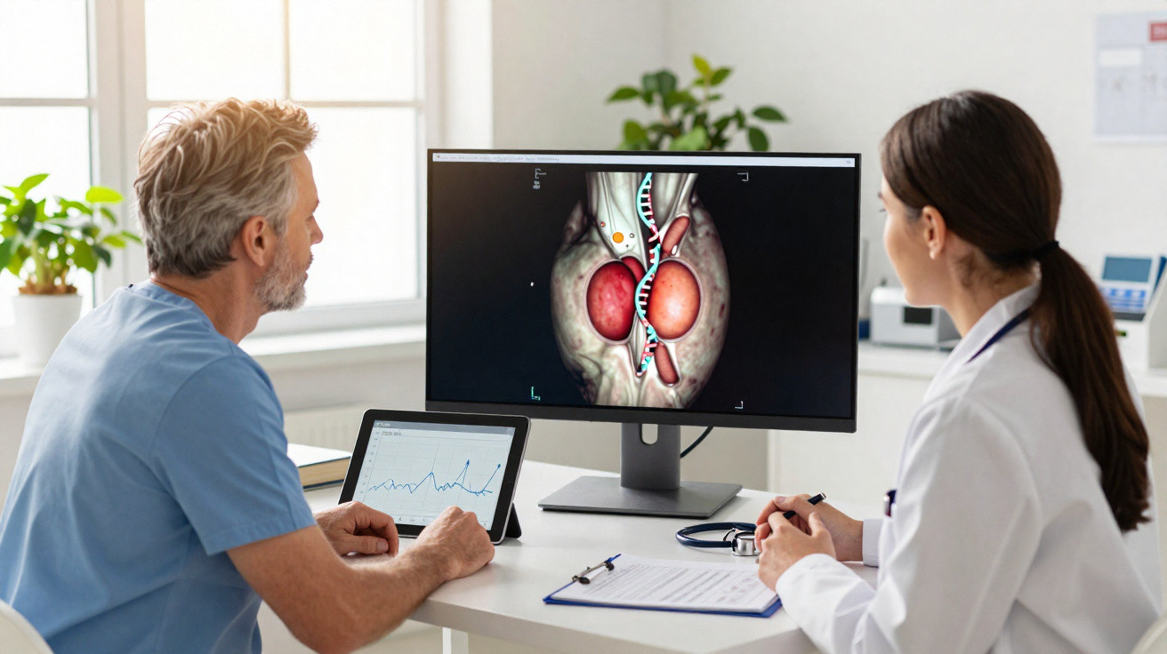 Médicos analisando imagem 3D de rins e DNA em monitor durante consulta em ambiente clínico.