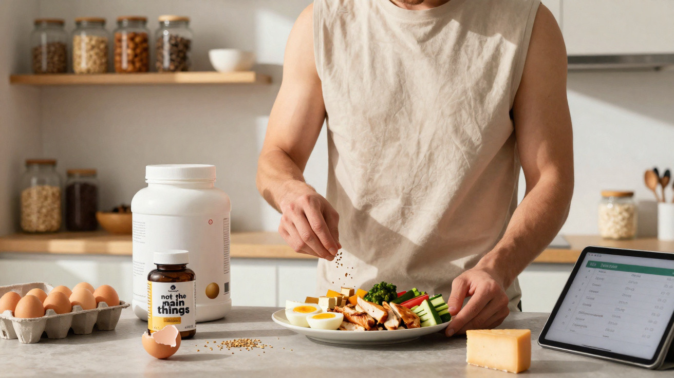 Homem temperando prato com ovos, frango e vegetais na cozinha com tablet e suplementos ao redor.