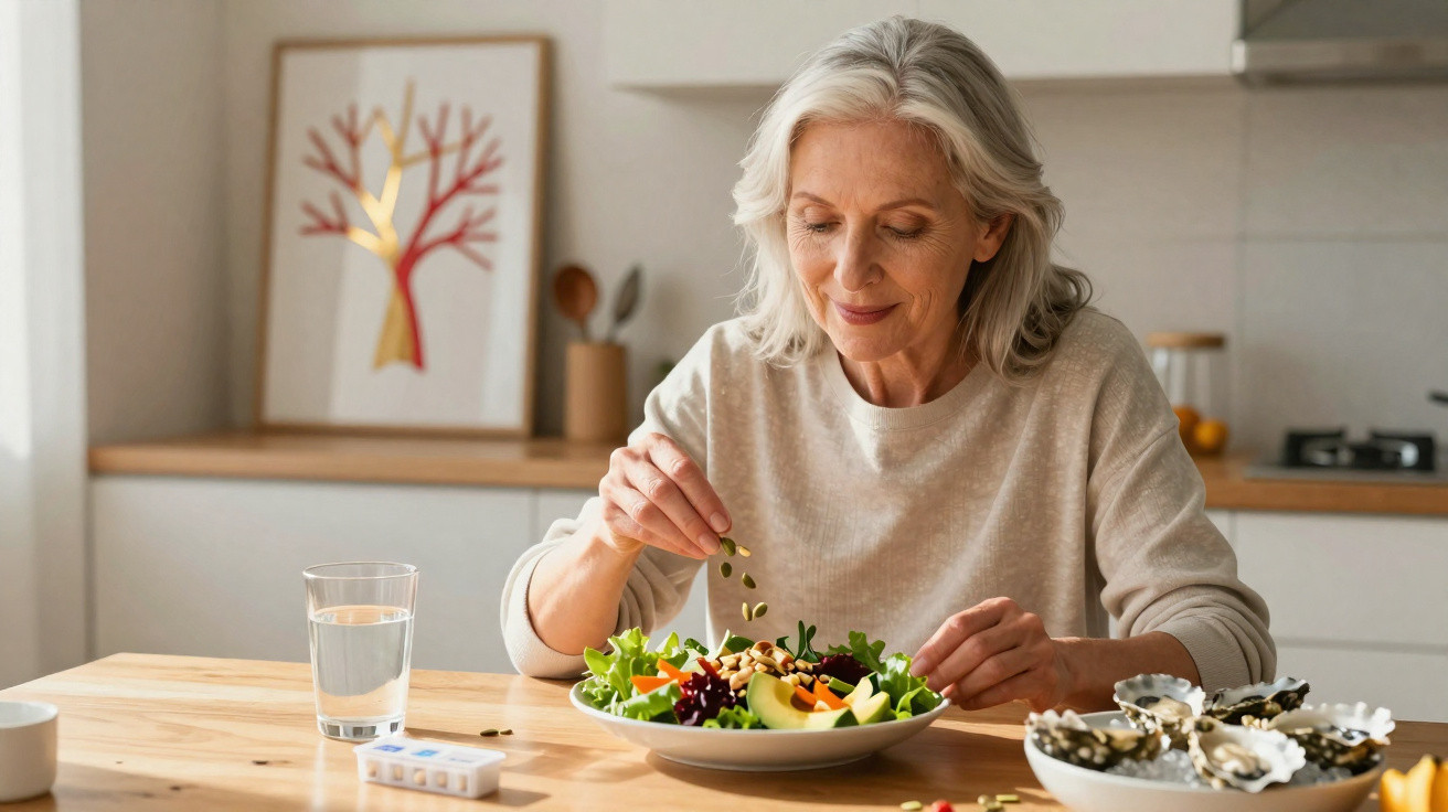 Mulher idosa adicionando sementes a uma salada saudável em uma cozinha clara e acolhedora.