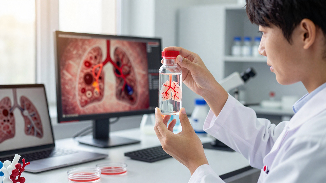 Pesquisador em laboratório segura frasco com imagem dos pulmões, com telas mostrando detalhes pulmonares ao fundo.