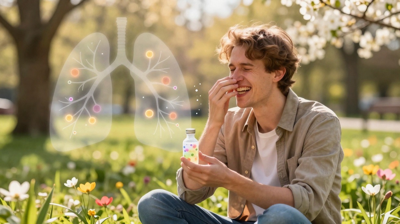 Jovem sentado em campo florido sorrindo e segurando frasco, com ilustração de pulmões transparentes ao lado.