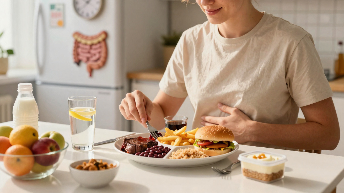 Pessoa segurando o estômago, com prato de comida e bebida à frente, em uma cozinha doméstica.