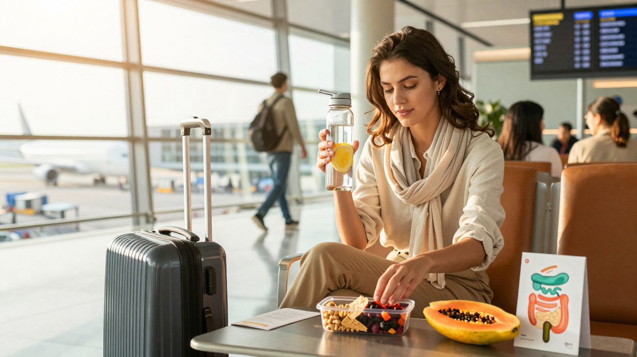 Mulher sentada no aeroporto com mala preta, bebendo água com limão e comendo frutas na mesa.