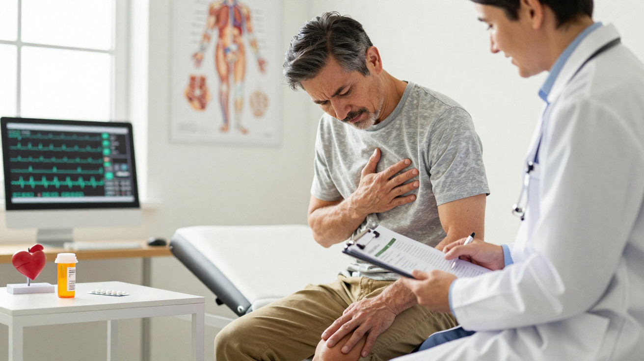 Paciente masculino segura o peito com expressão de dor durante consulta médica cardiológica.