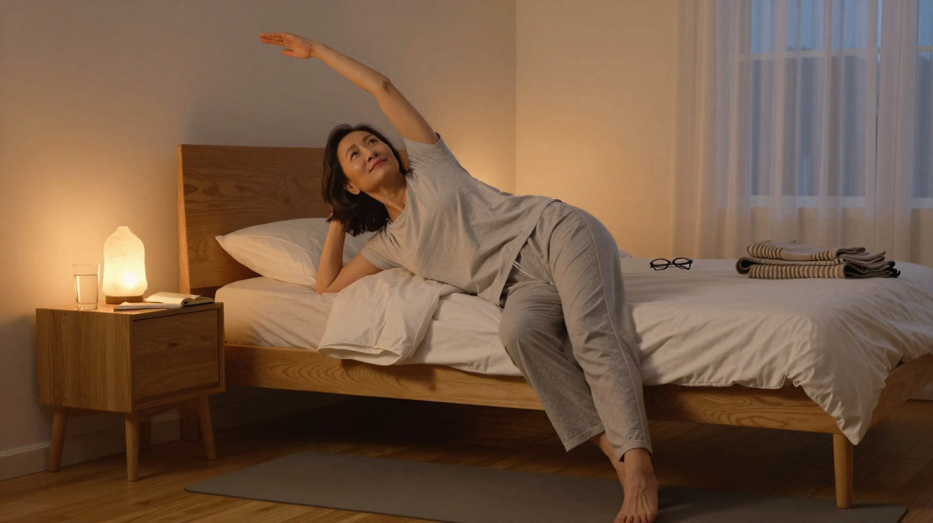 Mulher fazendo exercício de alongamento ao lado da cama em quarto iluminado e aconchegante.