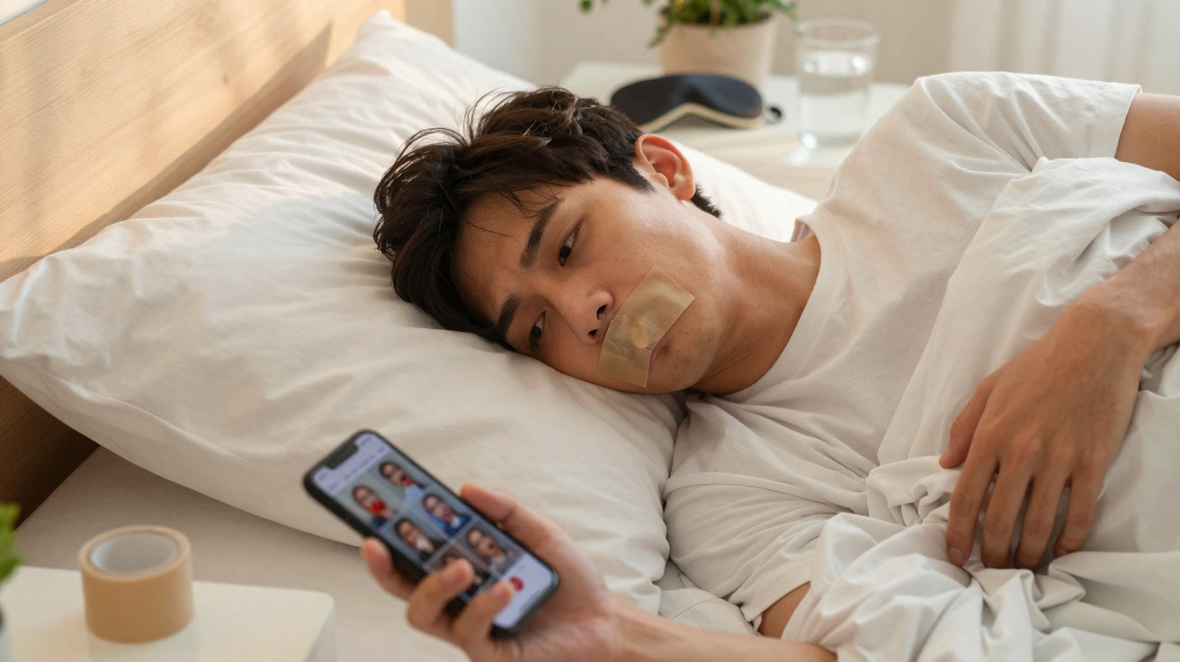 Homem deitado na cama com fita adesiva na boca olhando para celular com videoconferência aberta.