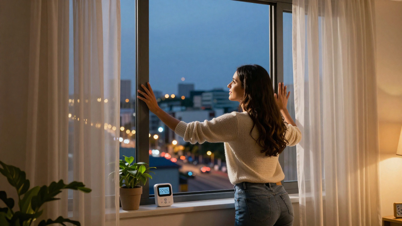 Mulher de suéter abrindo janela à noite em apartamento com planta e lâmpada ao fundo.
