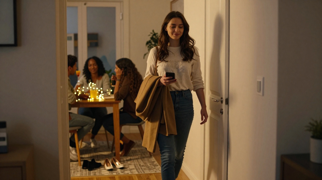 Mulher caminhando com casaco e celular em mãos, com grupo de pessoas conversando à mesa ao fundo.