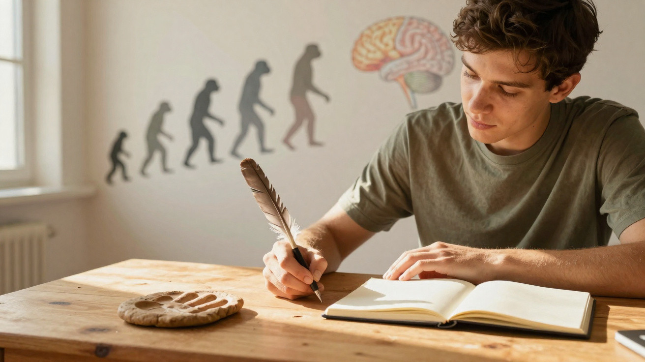 Jovem sentado à mesa escrevendo em um caderno com ilustração da evolução humana e cérebro na parede.