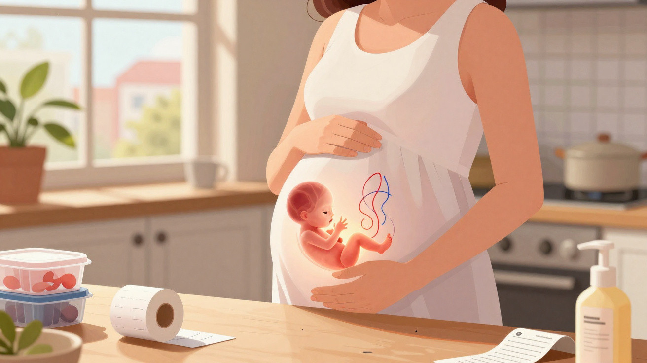 Mulher grávida em vestido branco segurando a barriga com ilustração do feto dentro do útero.