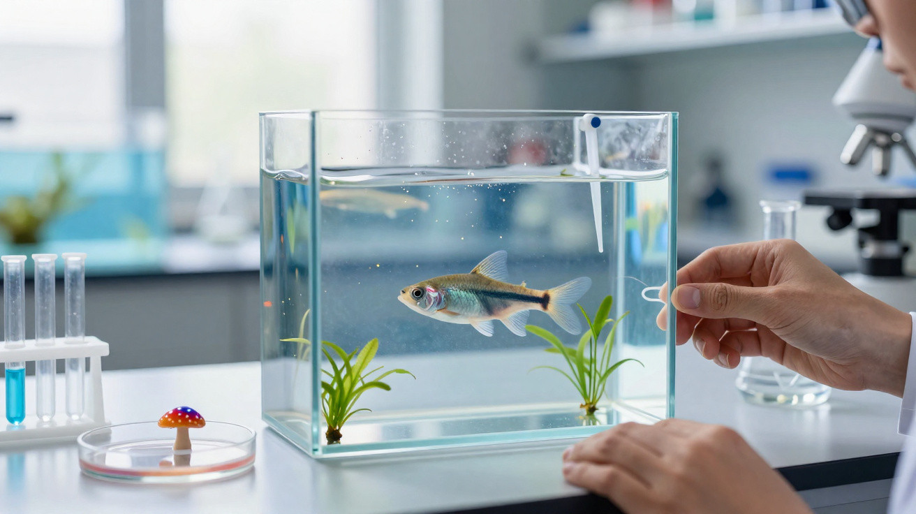 Aquário com peixe e plantas dentro de laboratório, com mão ajustando equipamento no vidro.