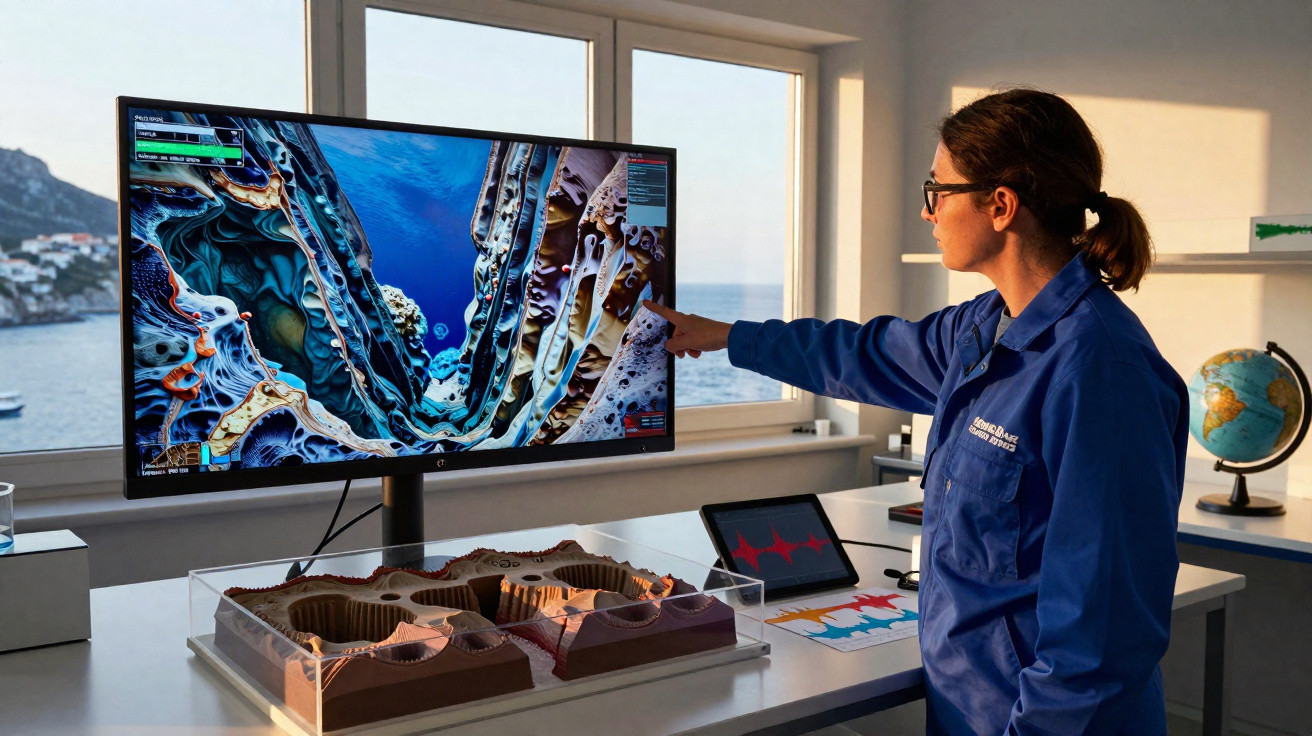 Mulher com jaleco azul analisa modelo geológico e imagem digital complexa em laboratório com vista para o mar.