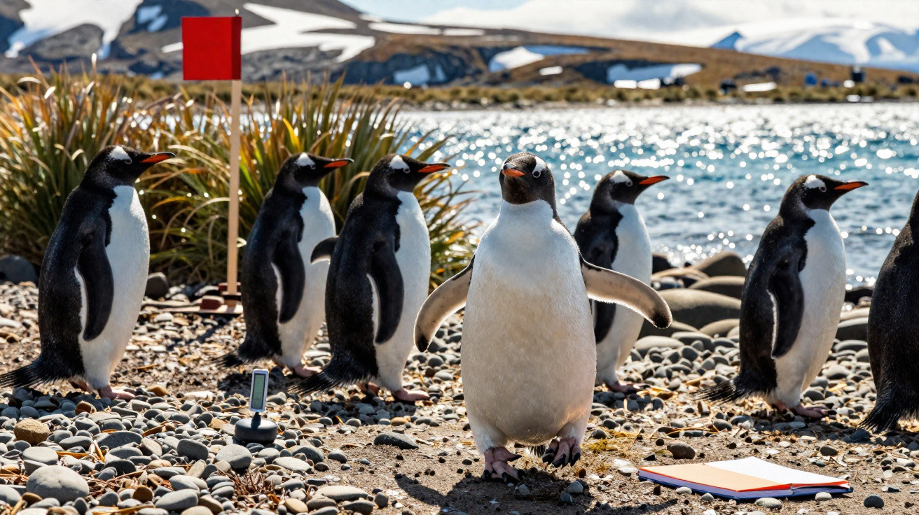 Grupo de pinguins em praia rochosa próxima a lago, com bandeira vermelha e objetos no chão.