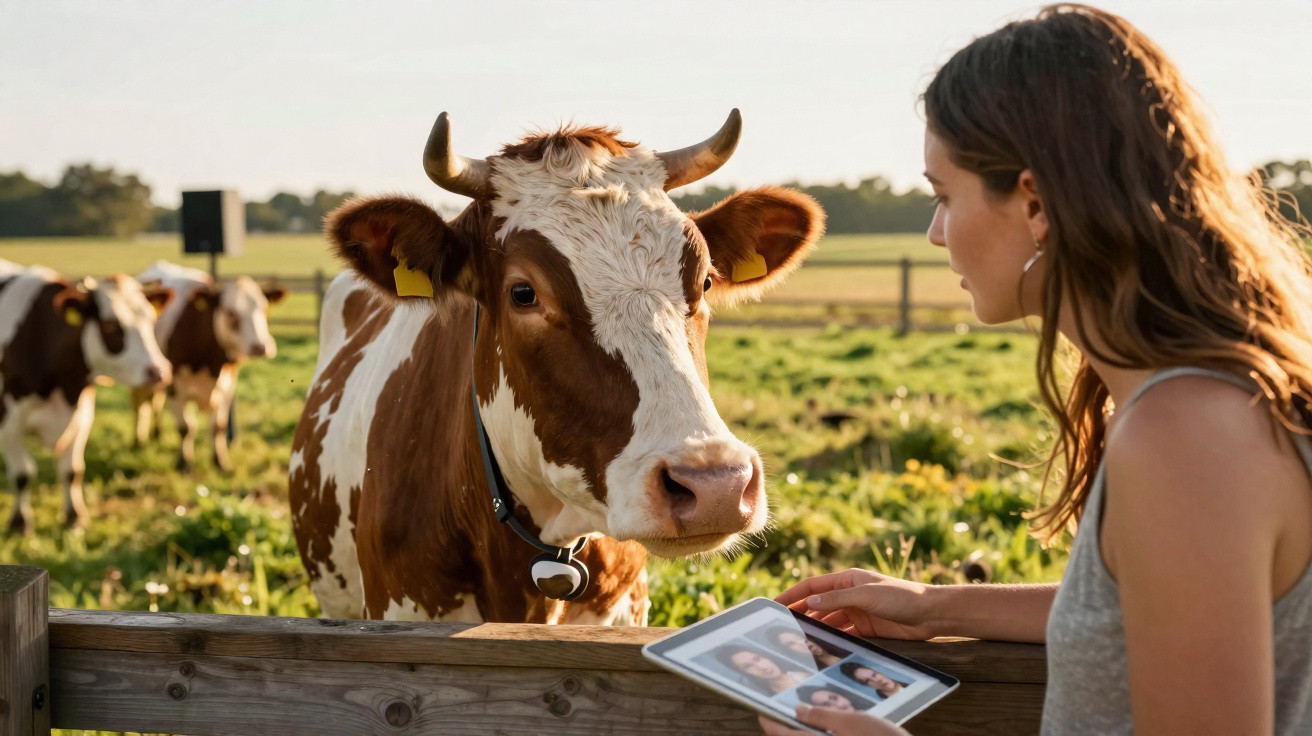 Mulher com tablet interage com vaca marrom e branca em campo cercado ao pôr do sol.