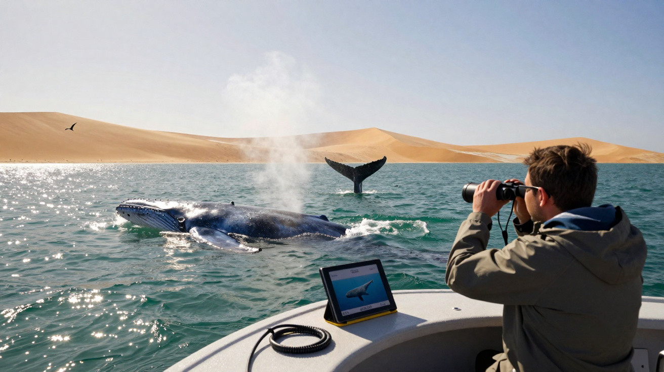 Homem observa baleia com binóculo em barco próximo ao mar e dunas ao fundo em dia ensolarado.