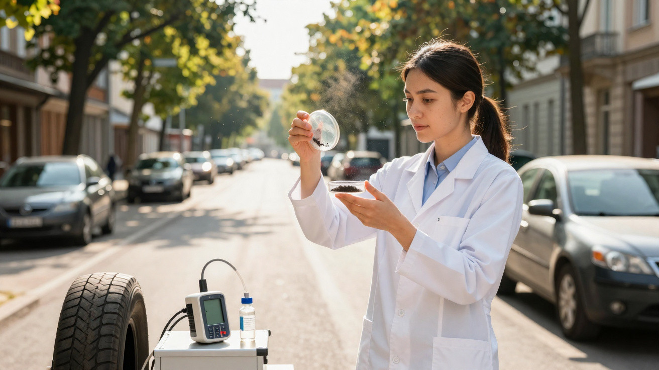 Mulher cientista em jaleco analisando amostra de solo em ambiente urbano próximo a equipamento com pneus.