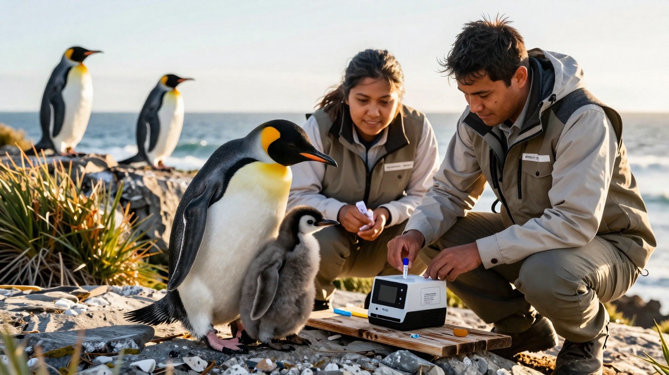 Dois pesquisadores analisam amostras perto de pinguins-imperadores e filhote em ambiente costeiro rochoso.