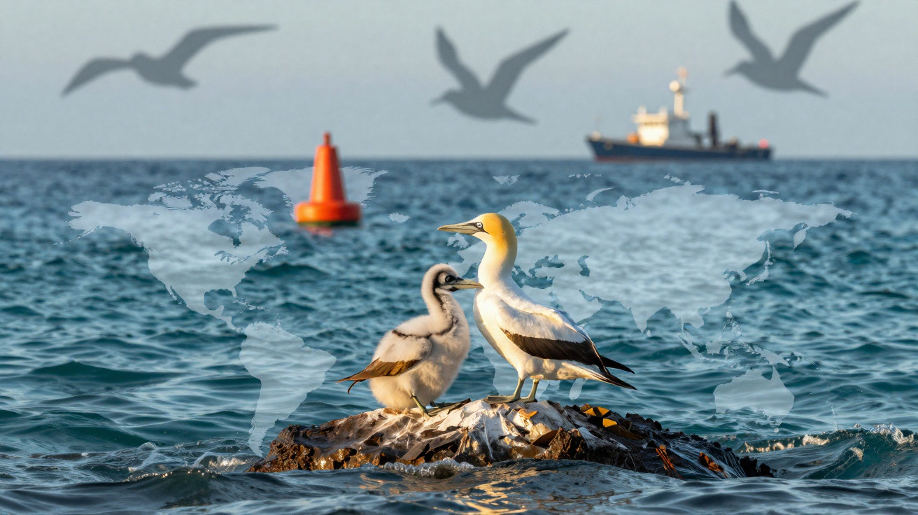 Pássaro adulto e filhote sobre rocha no mar, bóia laranja e navio ao fundo com mapa mundi em destaque.