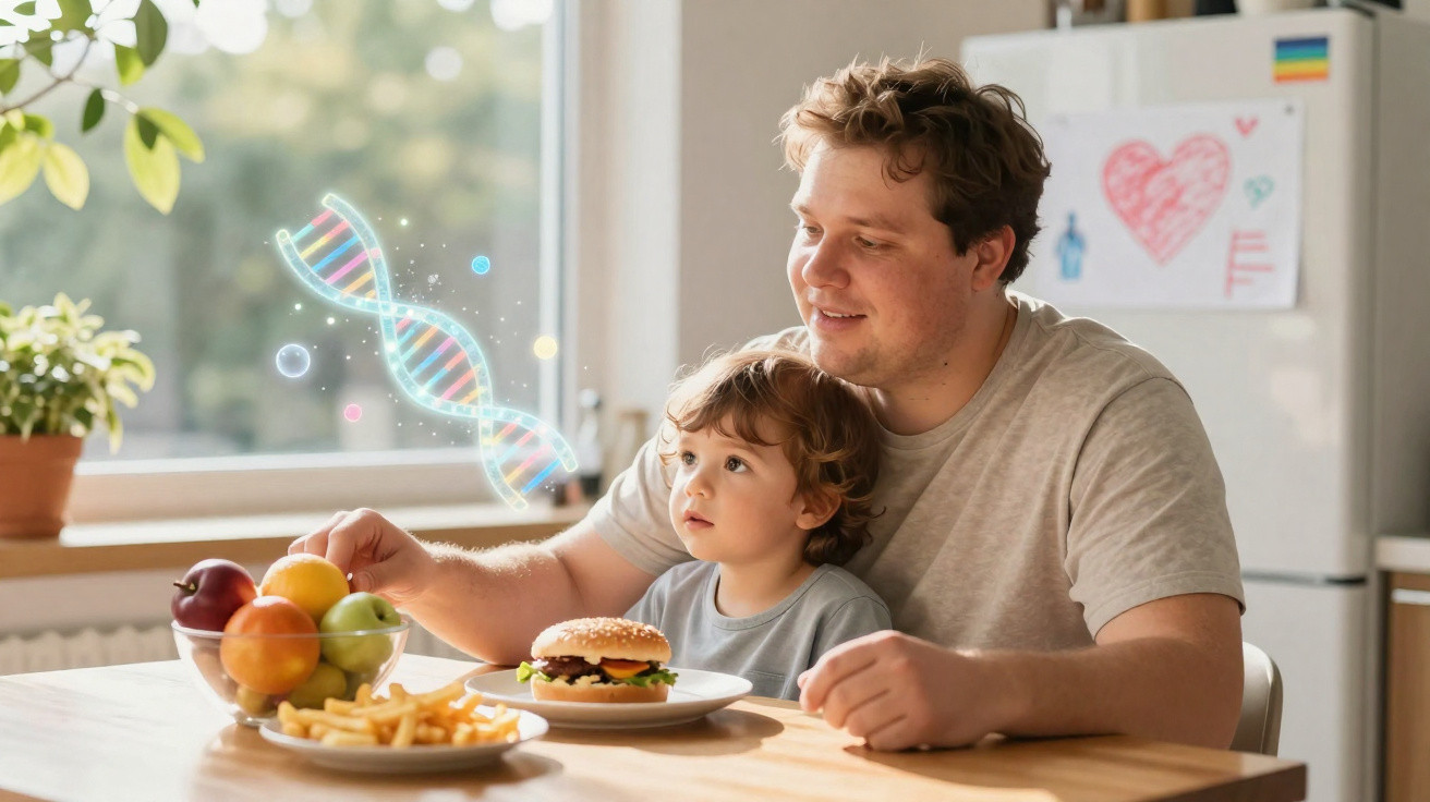 Pai e filho sentados à mesa com comida, destacando uma hélice de DNA digital flutuante.