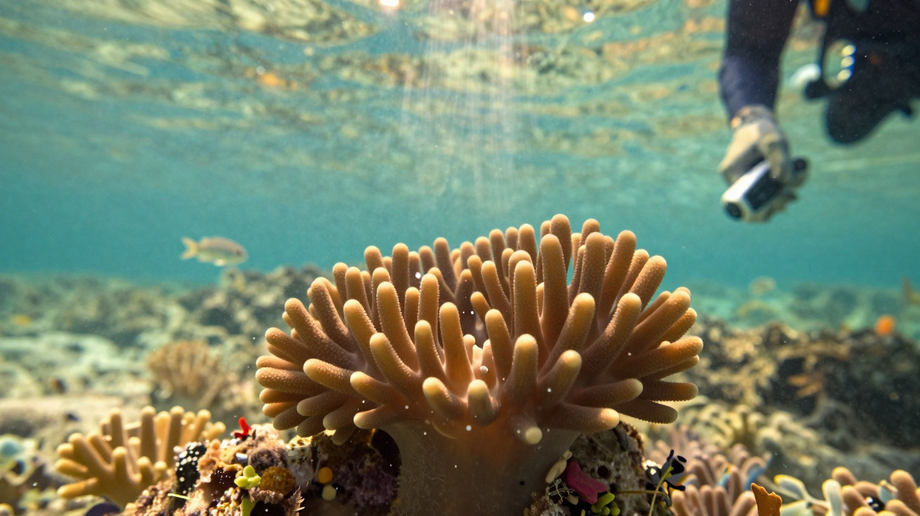 Mergulhador filmando recife de coral marrom em águas claras com peixes ao fundo.