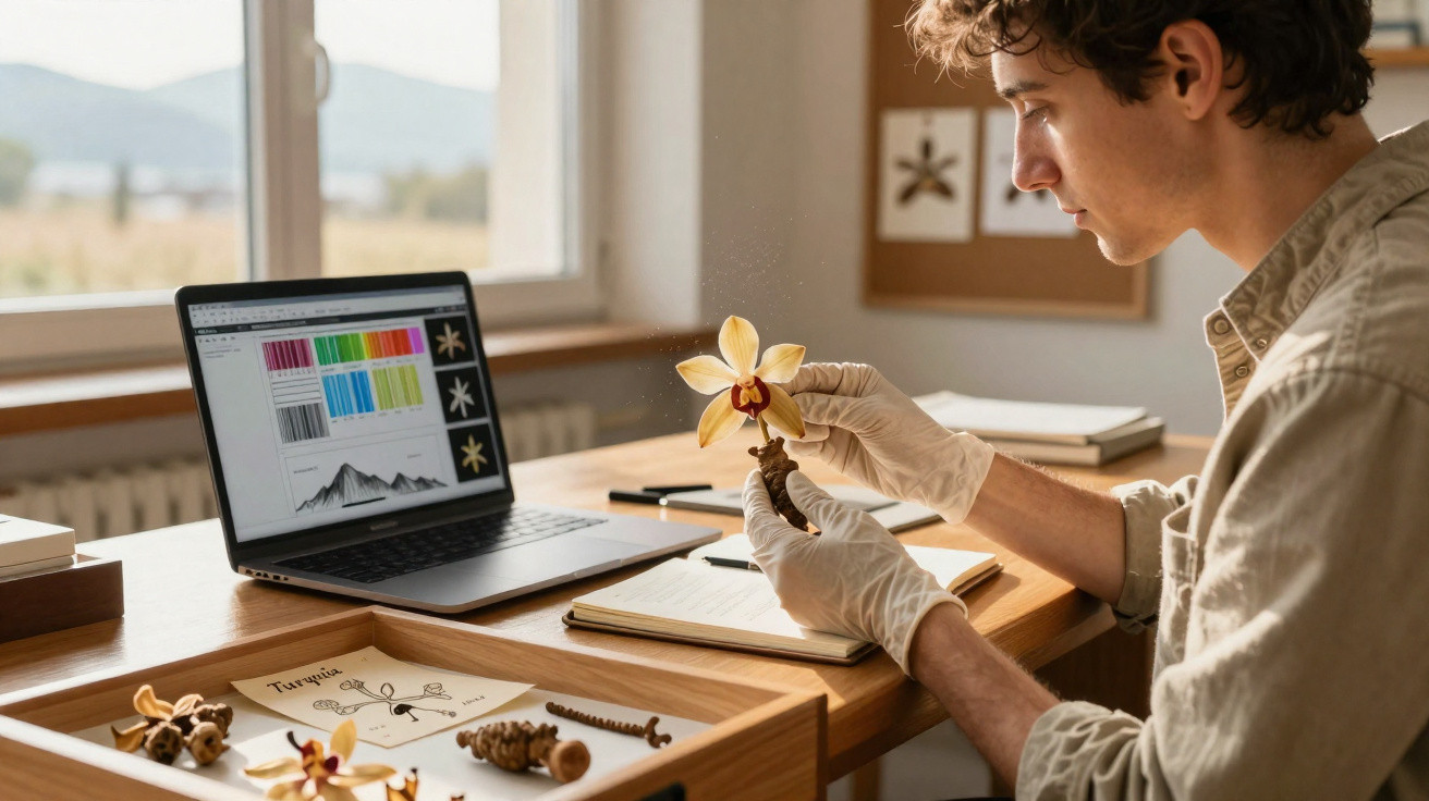 Jovem cientista analisa uma flor orquídea com luvas em escritório com laptop e amostras botânicas.