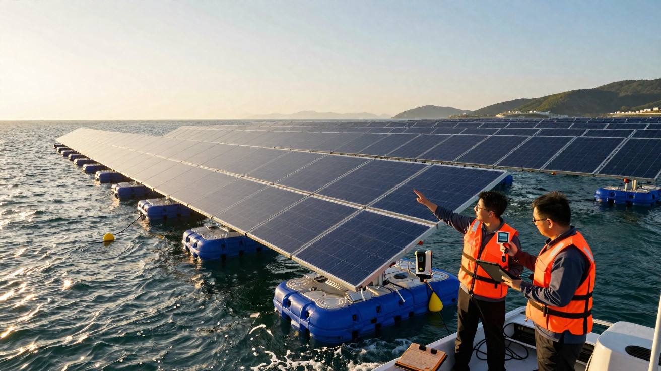 Painéis solares flutuantes em área marítima com dois técnicos usando coletes laranja avaliando equipamentos.