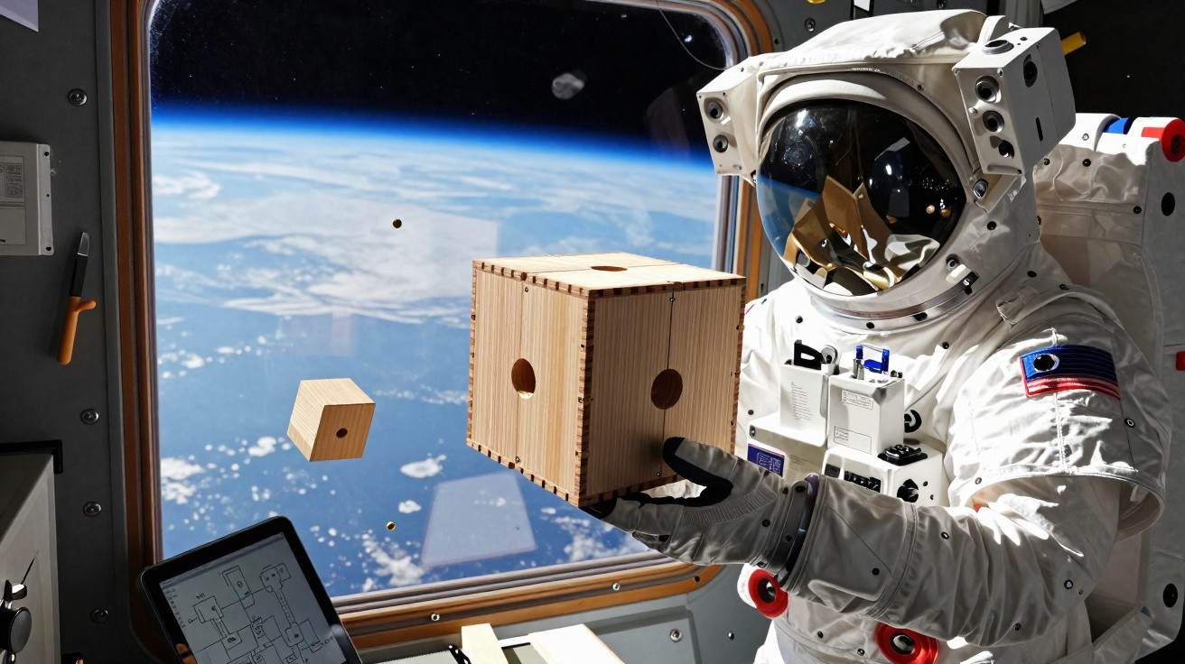 Astronauta em traje espacial manipulando cubos de madeira na estação espacial com a Terra ao fundo.