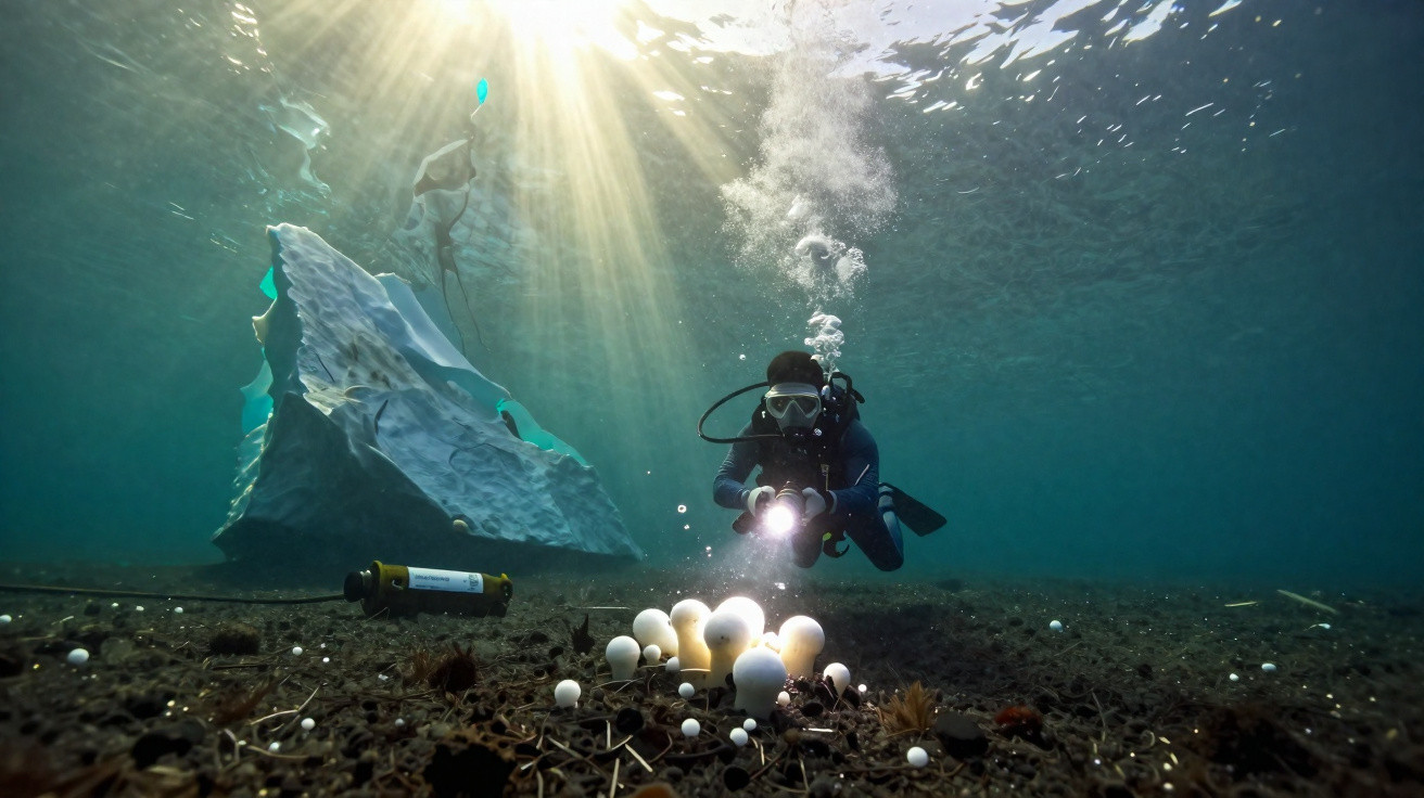 Mergulhador com lanterna explorando cogumelos brancos no fundo marinho com iceberg e raios de sol.