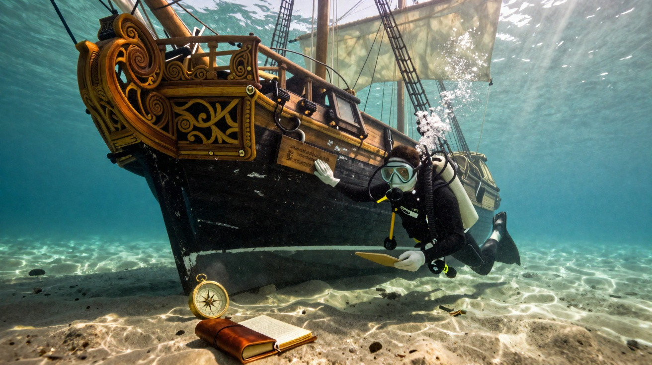 Mergulhador explorando naufrágio de navio antigo com bússola e livro no fundo arenoso do mar.