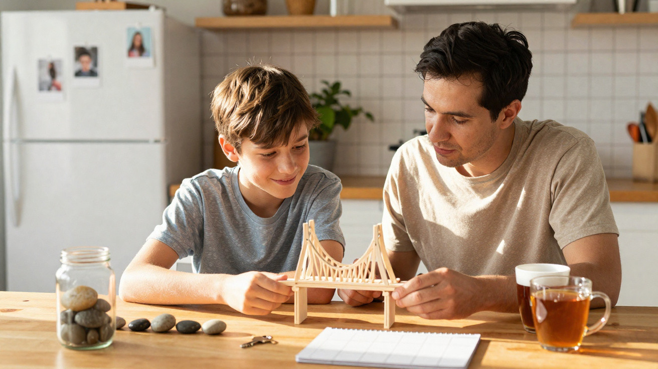 Pai e filho montam juntos um modelo de ponte em madeira na mesa da cozinha iluminada.