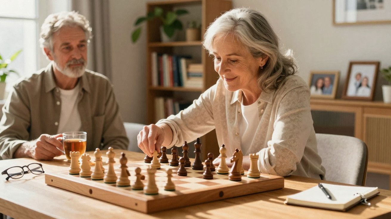 Casal idoso jogando xadrez em mesa de madeira, mulher movendo peça e homem observando com chá ao lado.