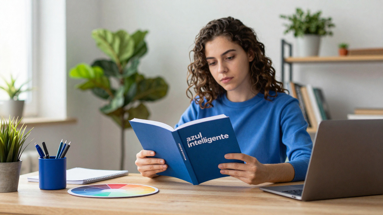 Mulher lendo livro "azul inteligente" em mesa com laptop, plantas e material de escritório.