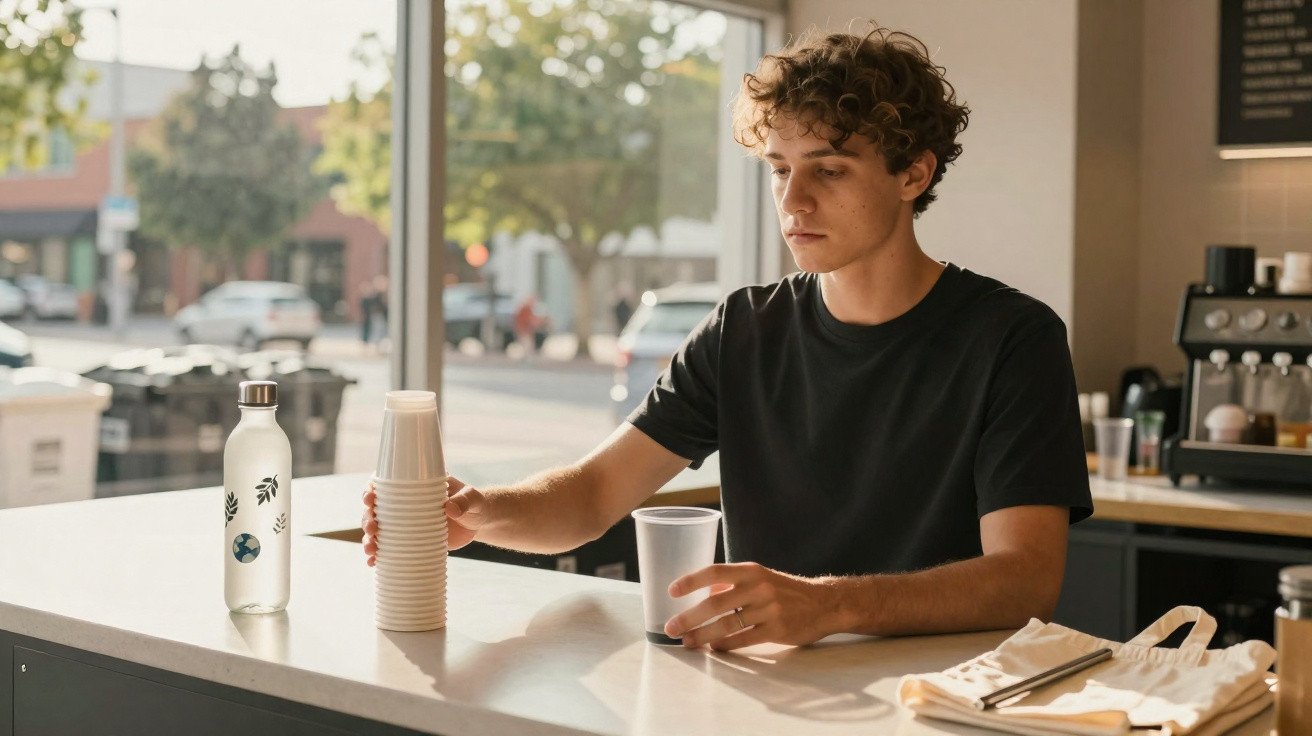 Jovem sentado em balcão, segurando copos plásticos em café com garrafa e sacola reutilizável ao lado.