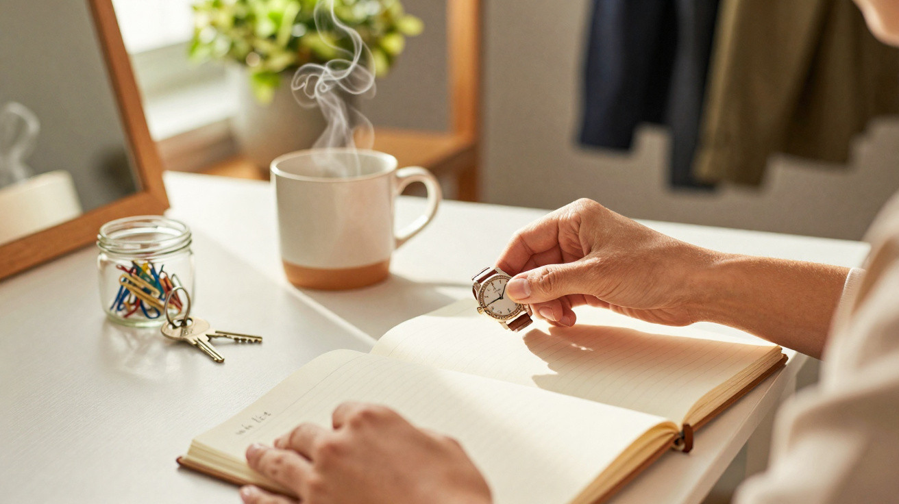 Pessoa segurando relógio sobre caderno aberto em mesa com xícara de café e chaves ao fundo.