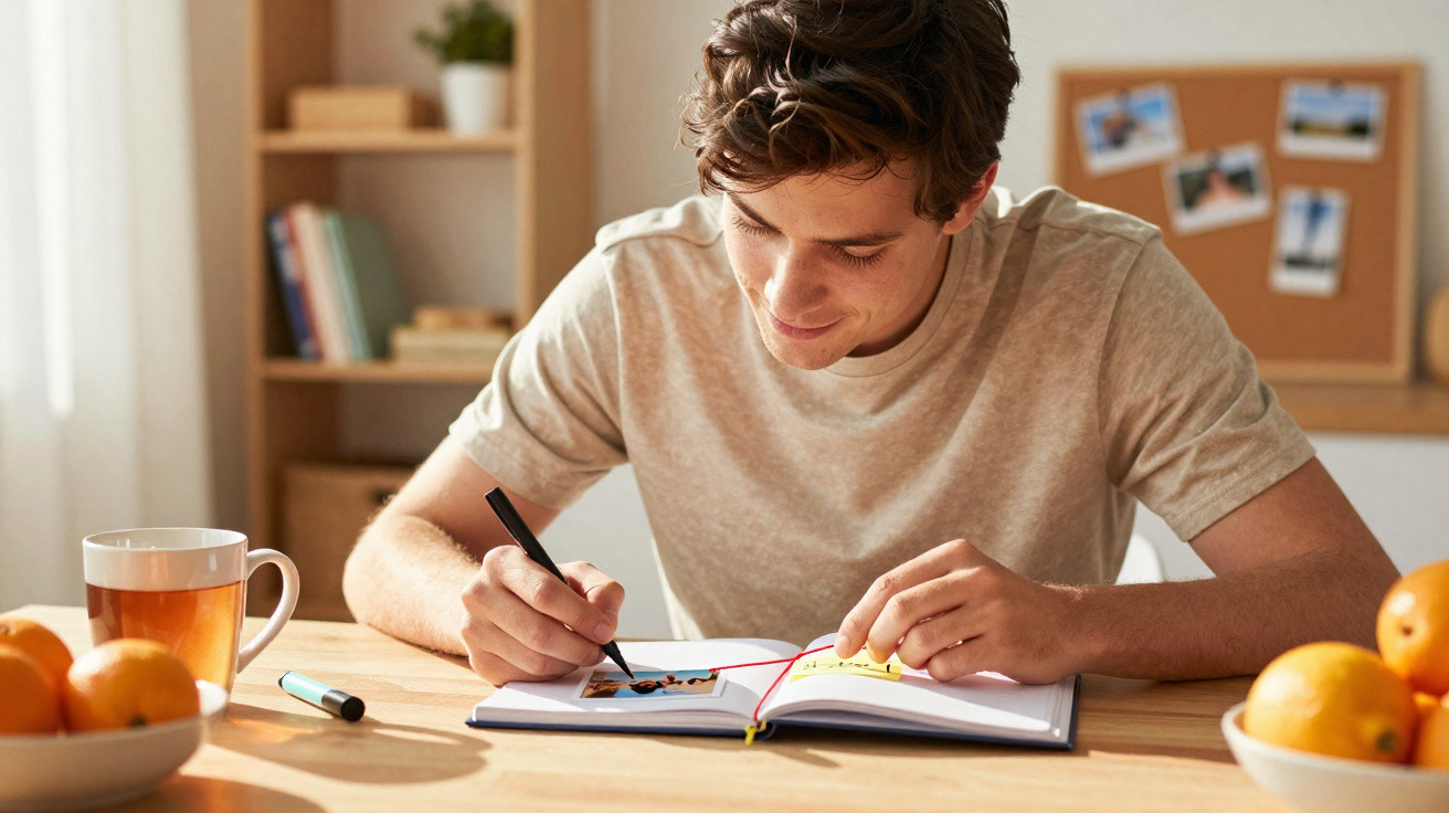 Jovem sentado à mesa escrevendo e colando fotos em um diário ou caderno, com frutas e chá ao lado.