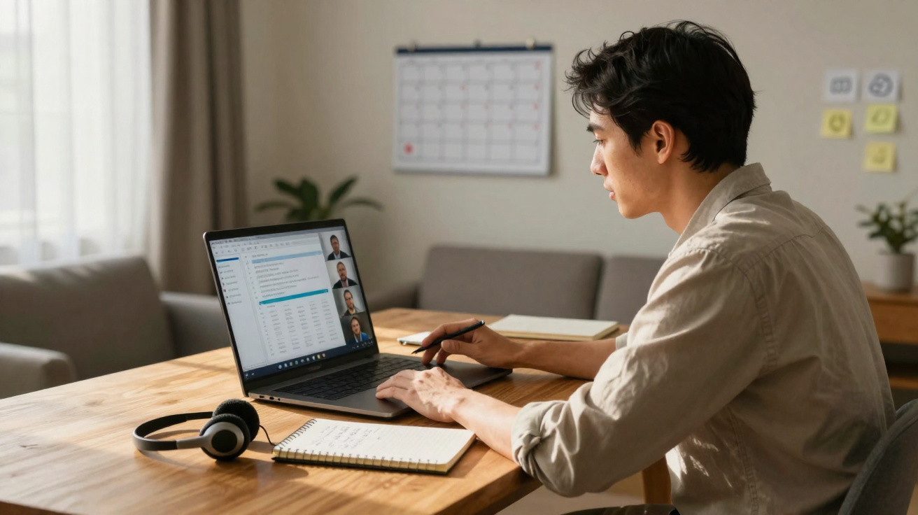 Homem participando de reunião online ao notebook em ambiente de trabalho doméstico.